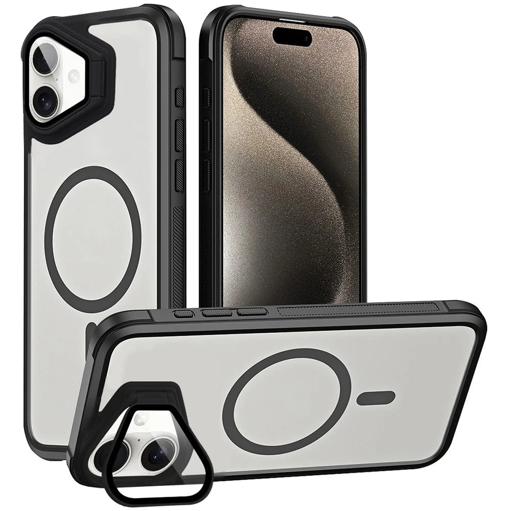 For iPhone 16 Plus Case Compatible with MagSafe Lens Cover Kickstand Matte Back Cover - Black - 1
