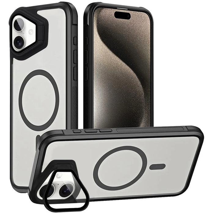 For iPhone 16 Plus Case Compatible with MagSafe Lens Cover Kickstand Matte Back Cover - Black - 1