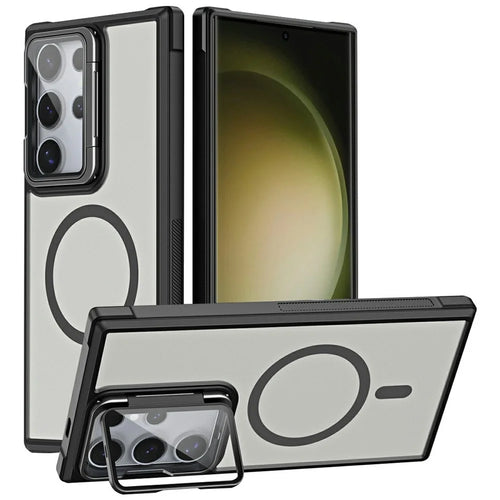 For Samsung Galaxy S23 Ultra Magnetic Case Lens Cover Kickstand Matte Back Cover - Black - 1