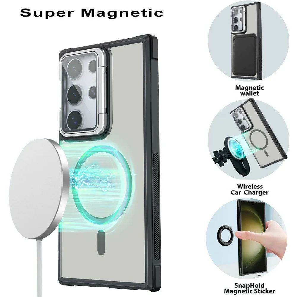 For Samsung Galaxy S23 Ultra Magnetic Case Lens Cover Kickstand Matte Back Cover - Black - 2