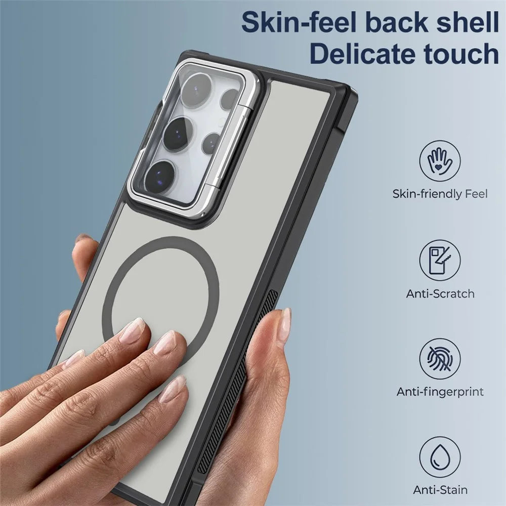 For Samsung Galaxy S23 Ultra Magnetic Case Lens Cover Kickstand Matte Back Cover - Black - 3