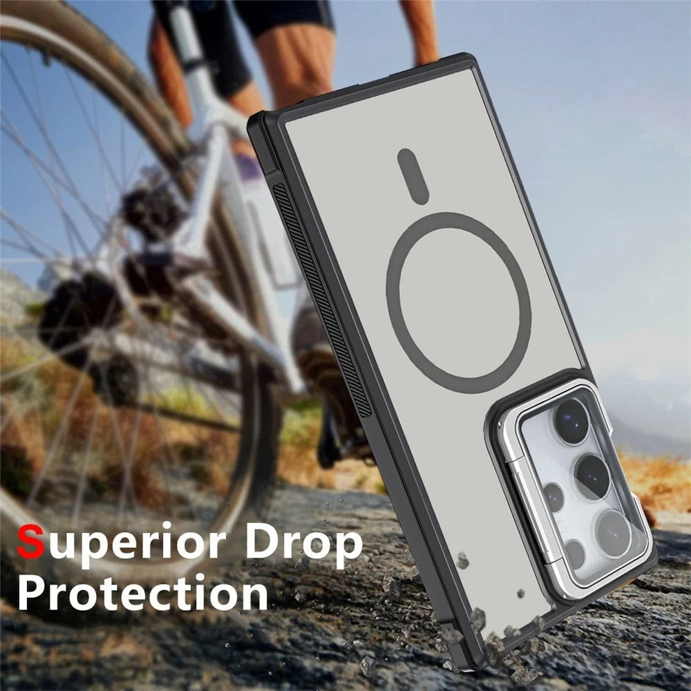 For Samsung Galaxy S23 Ultra Magnetic Case Lens Cover Kickstand Matte Back Cover - Black - 5