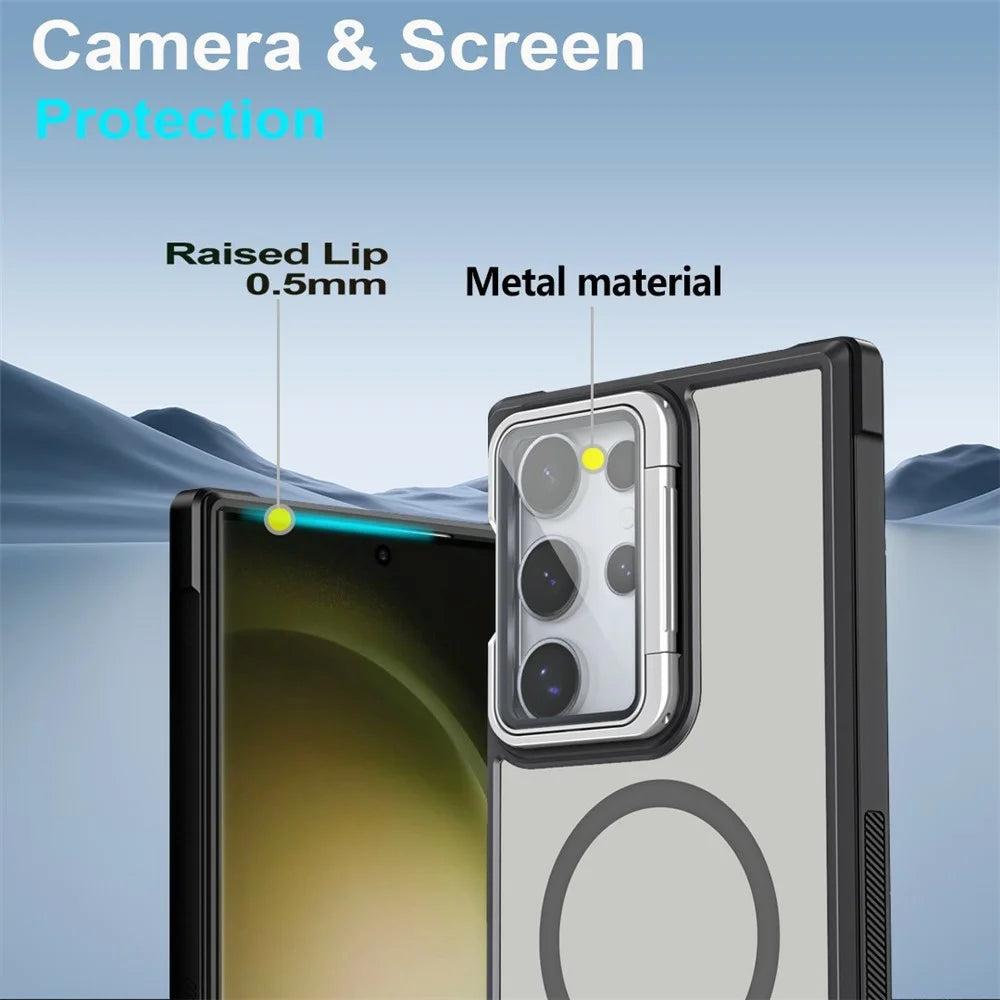 For Samsung Galaxy S23 Ultra Magnetic Case Lens Cover Kickstand Matte Back Cover - Black - 6
