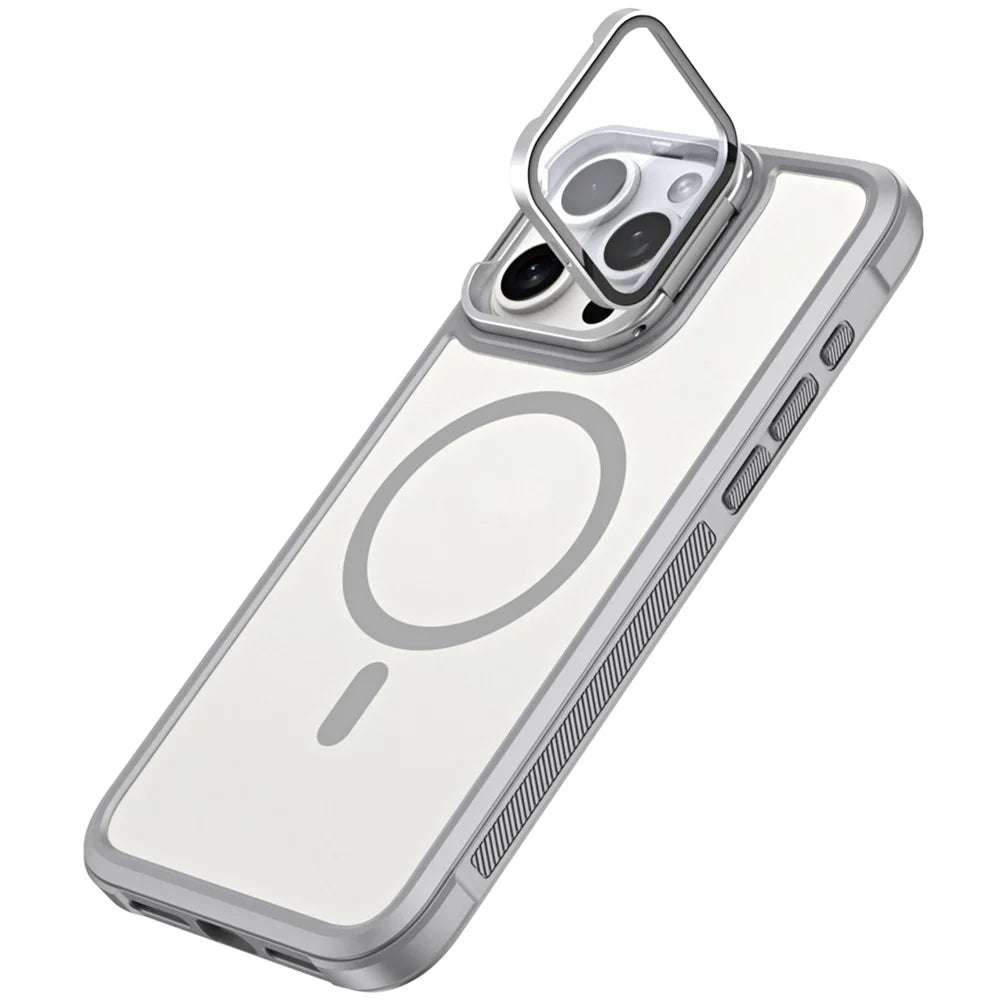 For iPhone 15 Pro Compatible with MagSafe Lens Cover Kickstand Matte Back Cover - Grey - 1