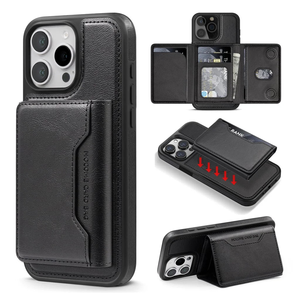 For iPhone 16 Pro Max Magnetic Case Leather Back Phone Cover with Detachable Card Bag - Black - 1