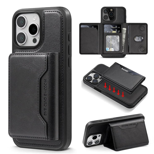 For iPhone 16 Pro Max Magnetic Case Leather Back Phone Cover with Detachable Card Bag - Black - 1