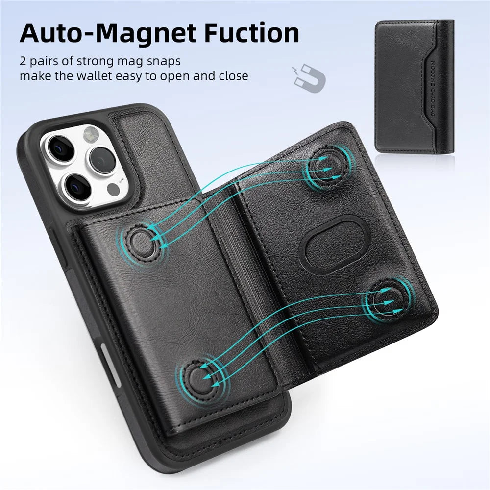 For iPhone 16 Pro Max Magnetic Case Leather Back Phone Cover with Detachable Card Bag - Black - 3
