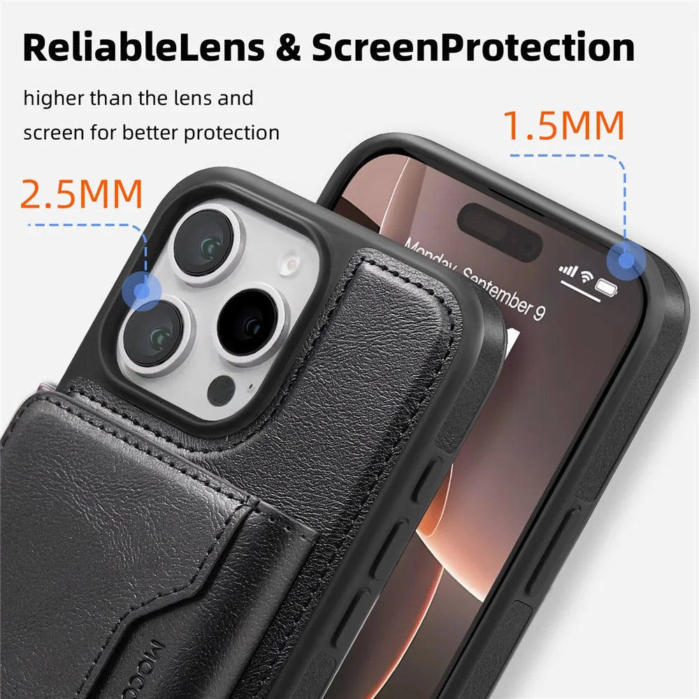 For iPhone 16 Pro Max Magnetic Case Leather Back Phone Cover with Detachable Card Bag - Black - 5