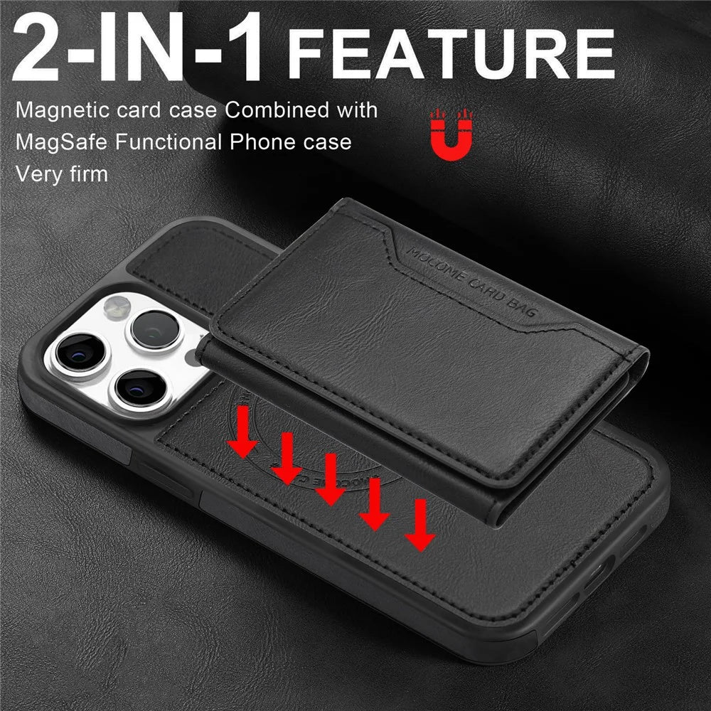 For iPhone 16 Pro Max Magnetic Case Leather Back Phone Cover with Detachable Card Bag - Black - 6