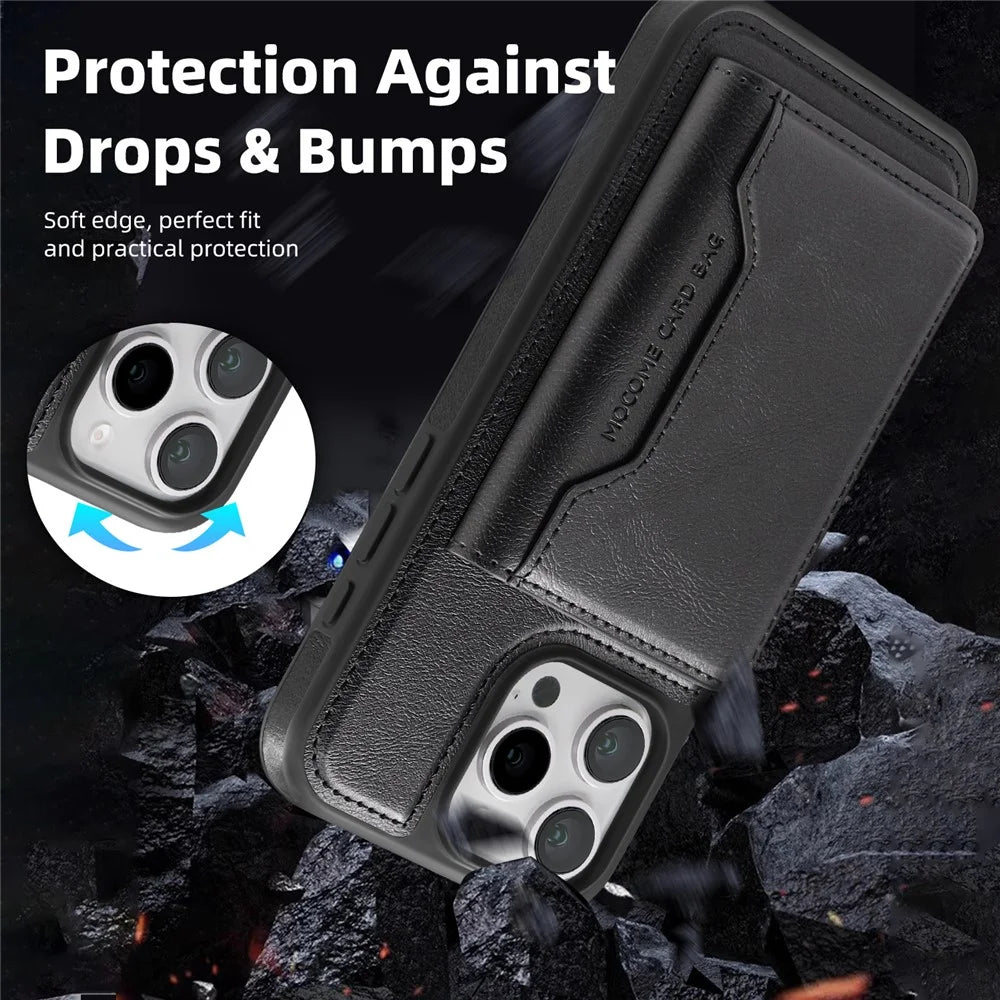 For iPhone 16 Pro Max Magnetic Case Leather Back Phone Cover with Detachable Card Bag - Black - 7