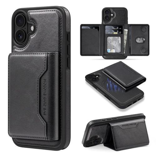 For iPhone 16 Plus Magnetic Case Leather Back Phone Cover with Detachable Card Bag - Black - 1