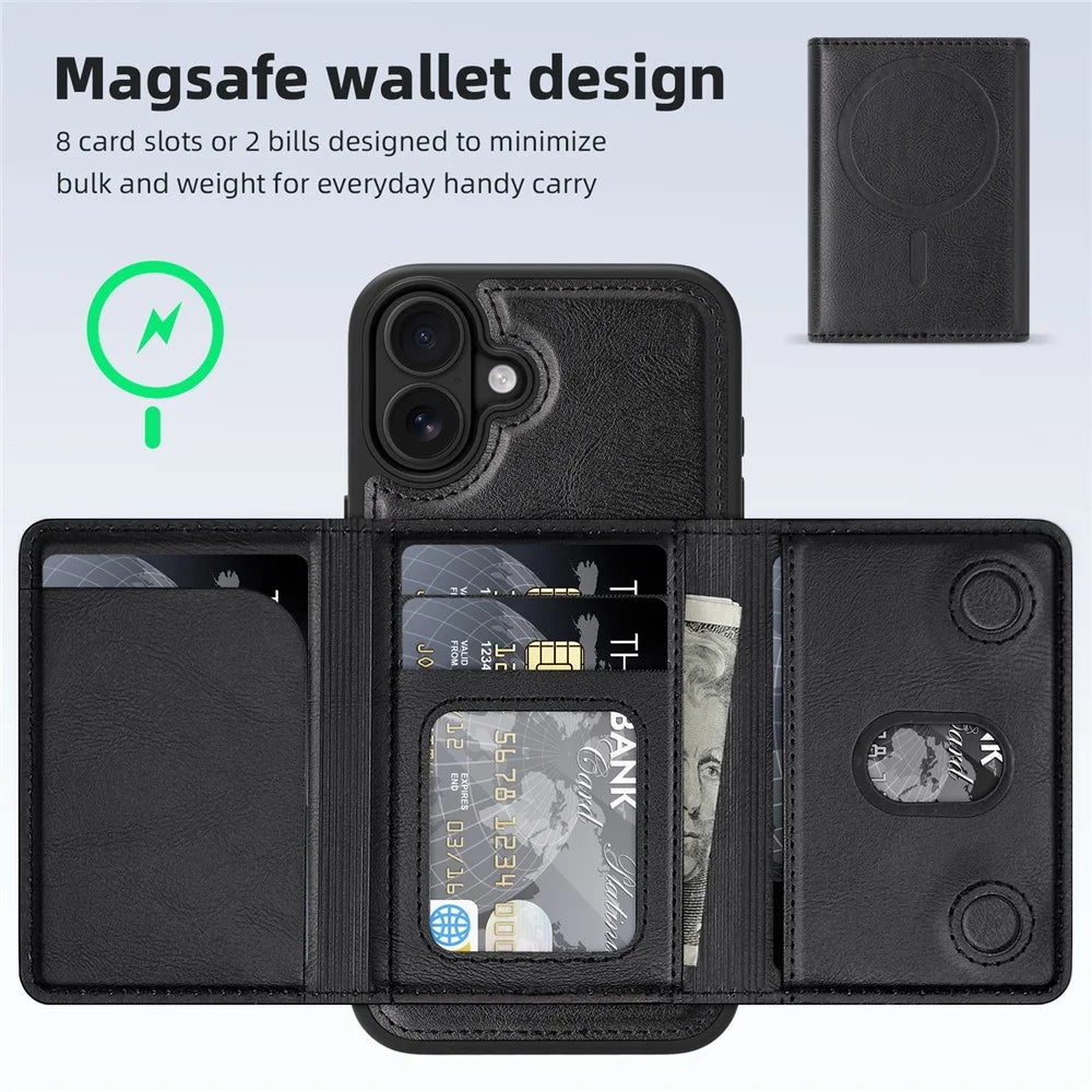 For iPhone 16 Plus Magnetic Case Leather Back Phone Cover with Detachable Card Bag - Black - 2