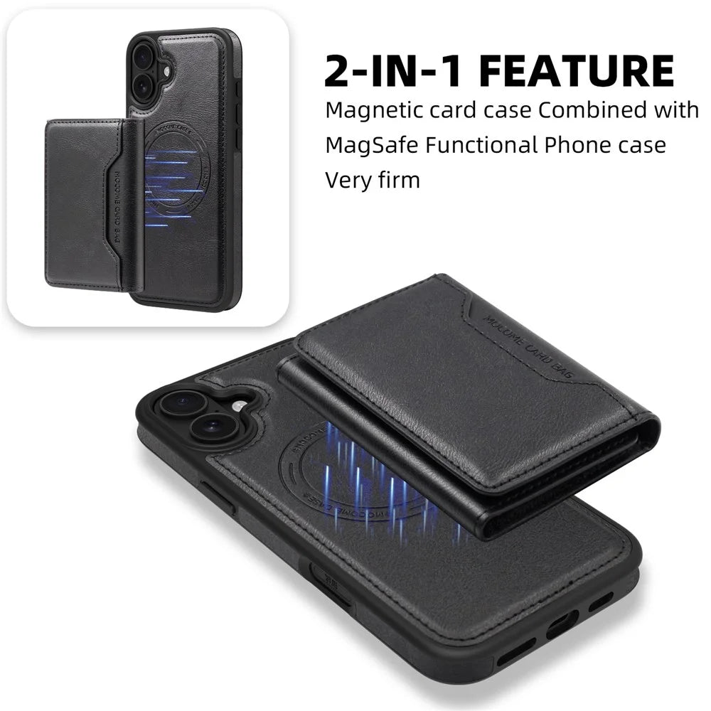 For iPhone 16 Plus Magnetic Case Leather Back Phone Cover with Detachable Card Bag - Black - 3