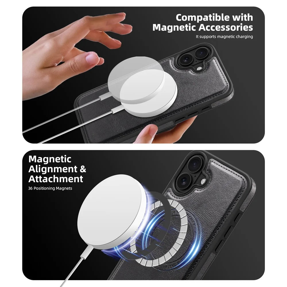 For iPhone 16 Plus Magnetic Case Leather Back Phone Cover with Detachable Card Bag - Black - 4