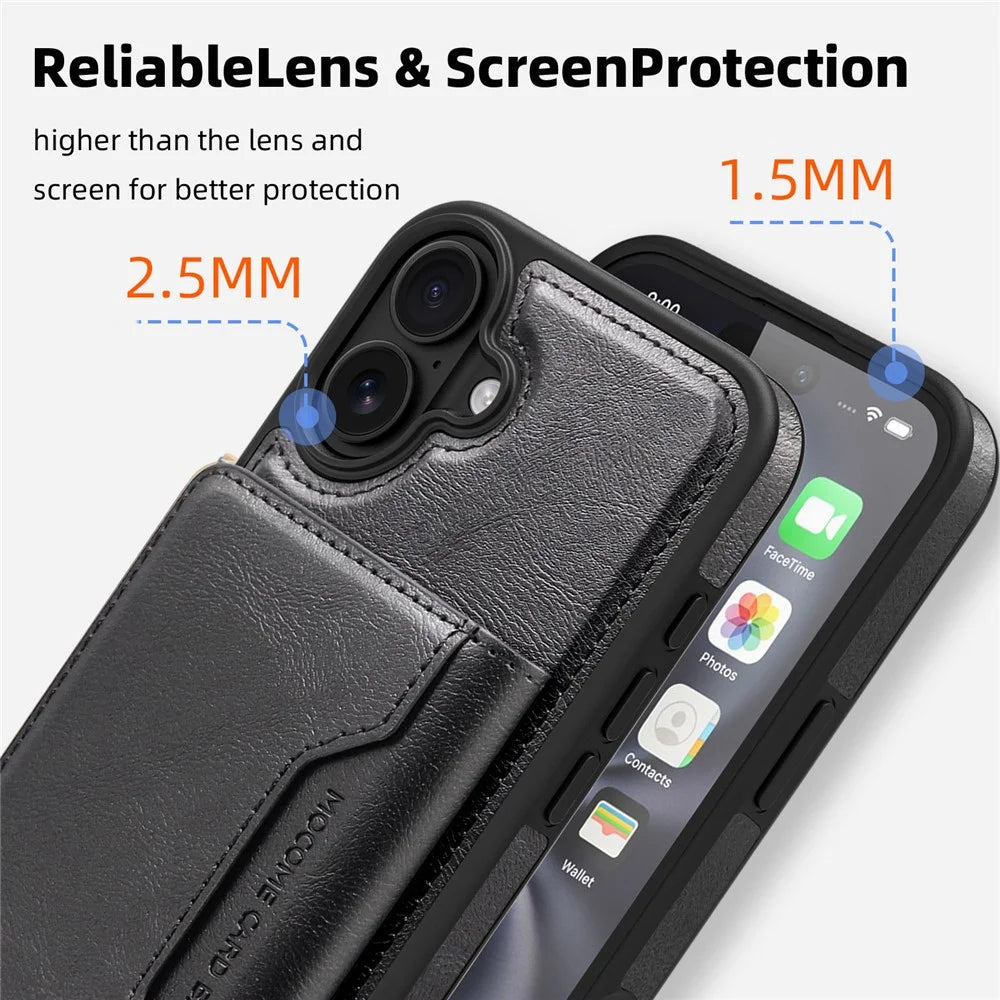 For iPhone 16 Plus Magnetic Case Leather Back Phone Cover with Detachable Card Bag - Black - 5