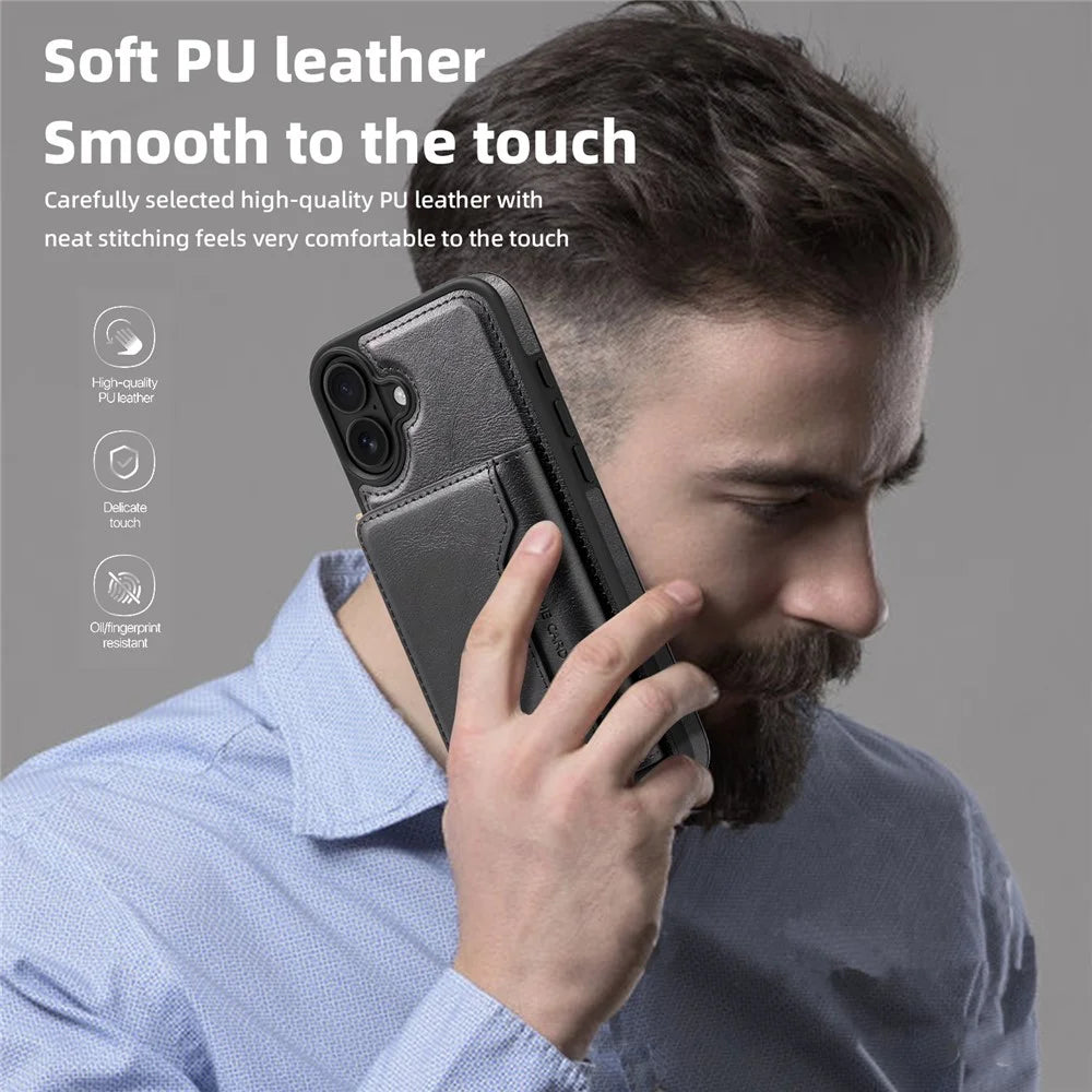 For iPhone 16 Plus Magnetic Case Leather Back Phone Cover with Detachable Card Bag - Black - 6