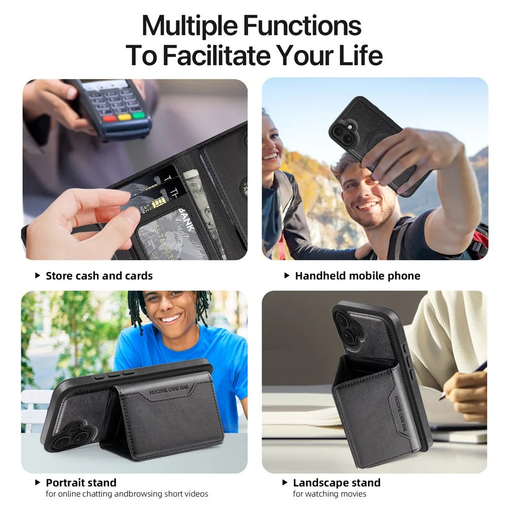 For iPhone 16 Plus Magnetic Case Leather Back Phone Cover with Detachable Card Bag - Black - 7