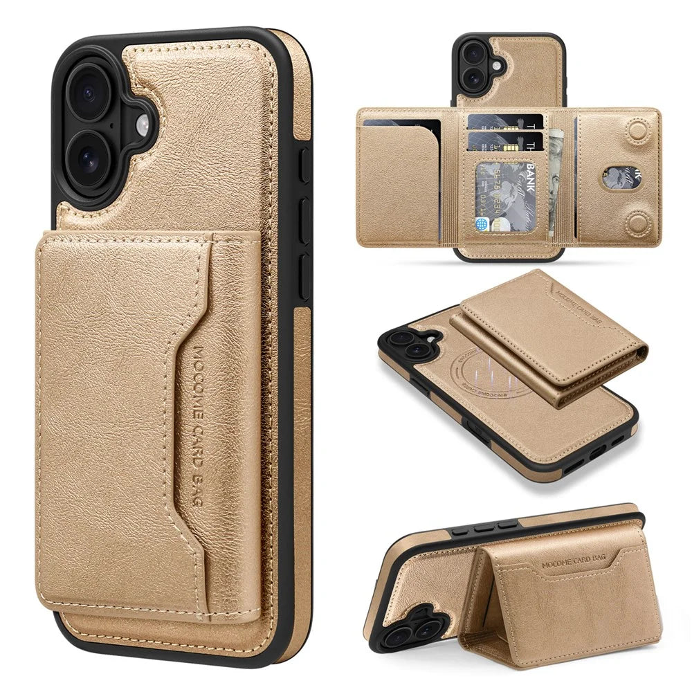 For iPhone 16 Magnetic Case Leather Back Phone Cover with Detachable Card Bag - Gold - 1