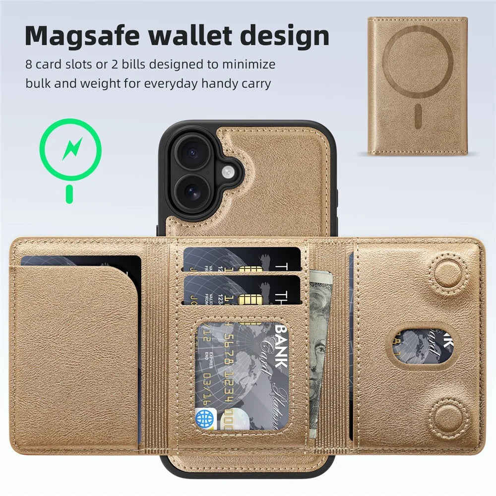 For iPhone 16 Magnetic Case Leather Back Phone Cover with Detachable Card Bag - Gold - 2