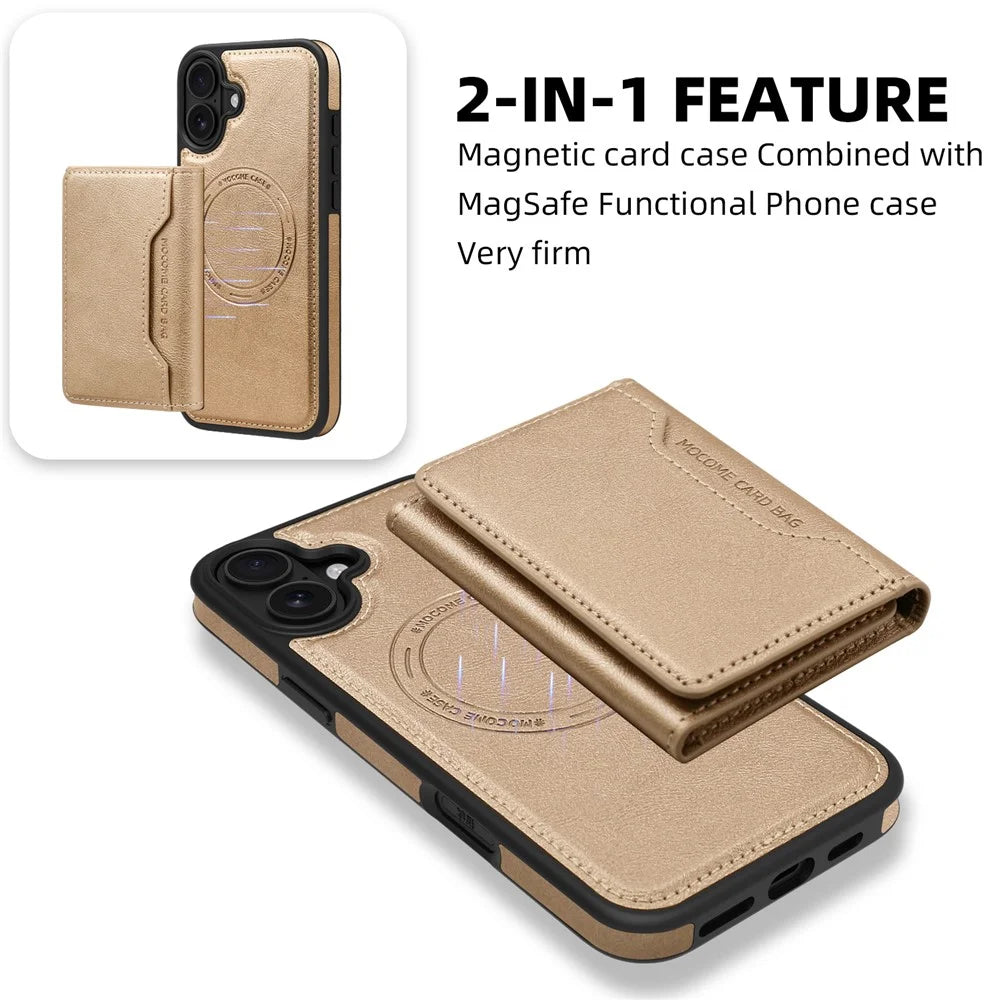 For iPhone 16 Magnetic Case Leather Back Phone Cover with Detachable Card Bag - Gold - 3