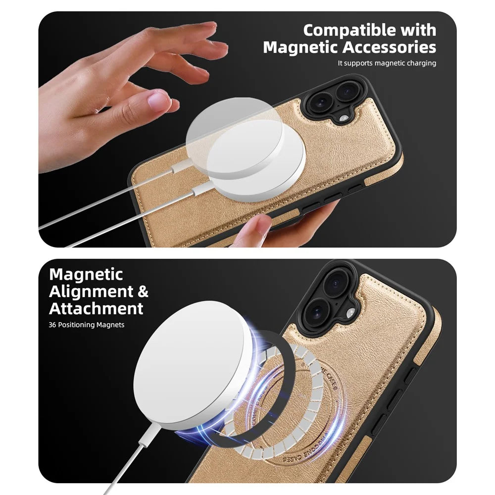 For iPhone 16 Magnetic Case Leather Back Phone Cover with Detachable Card Bag - Gold - 4