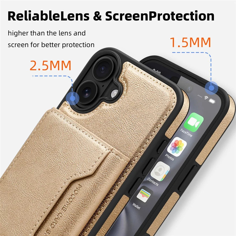 For iPhone 16 Magnetic Case Leather Back Phone Cover with Detachable Card Bag - Gold - 5