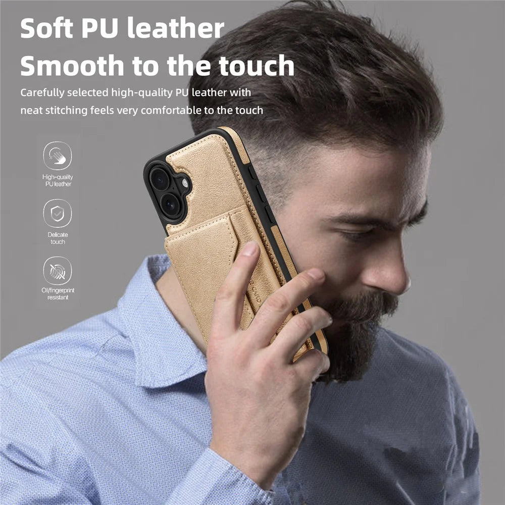 For iPhone 16 Magnetic Case Leather Back Phone Cover with Detachable Card Bag - Gold - 6