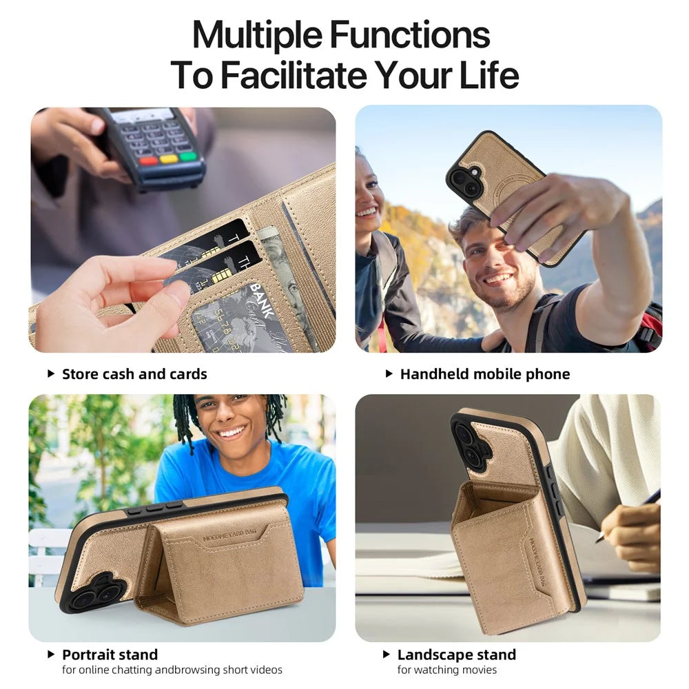 For iPhone 16 Magnetic Case Leather Back Phone Cover with Detachable Card Bag - Gold - 7