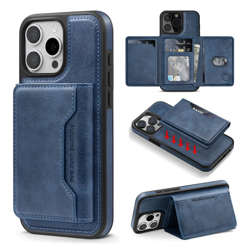 For iPhone 16 Pro Magnetic Case Leather Back Phone Cover with Detachable Card Bag - Sapphire - 1