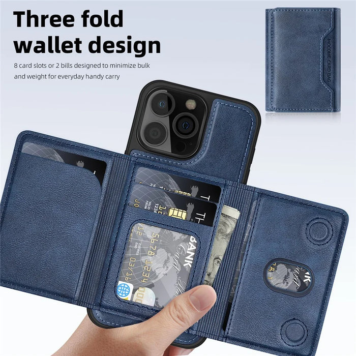 For iPhone 16 Pro Magnetic Case Leather Back Phone Cover with Detachable Card Bag - Sapphire - 2