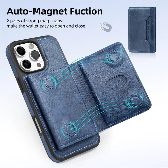 For iPhone 16 Pro Magnetic Case Leather Back Phone Cover with Detachable Card Bag - Sapphire - 3