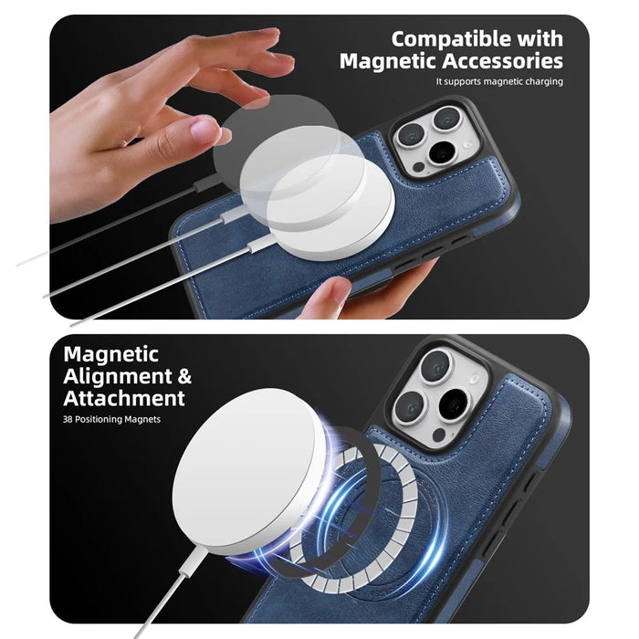 For iPhone 16 Pro Magnetic Case Leather Back Phone Cover with Detachable Card Bag - Sapphire - 4