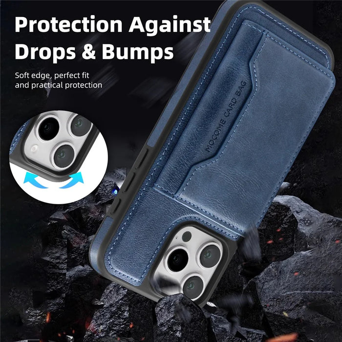 For iPhone 16 Pro Magnetic Case Leather Back Phone Cover with Detachable Card Bag - Sapphire - 5