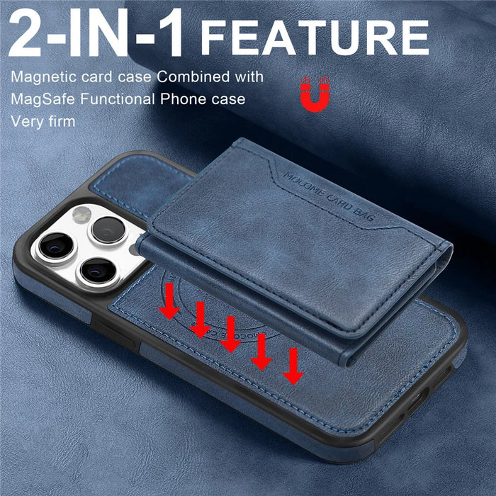 For iPhone 16 Pro Magnetic Case Leather Back Phone Cover with Detachable Card Bag - Sapphire - 6