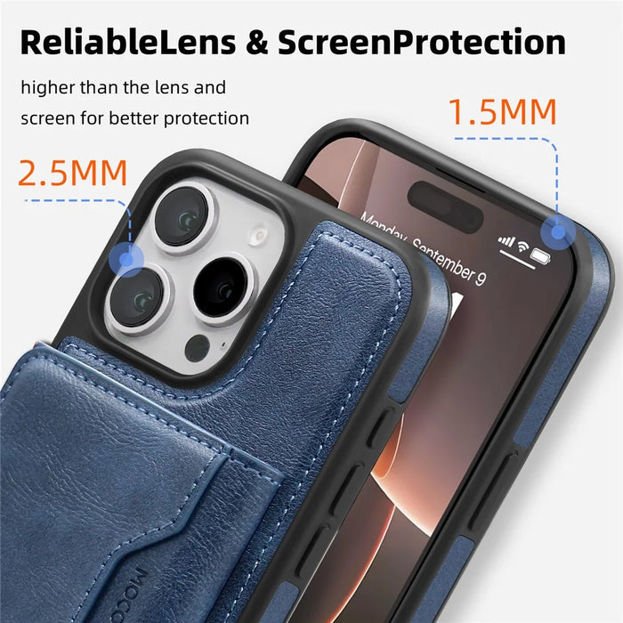 For iPhone 16 Pro Magnetic Case Leather Back Phone Cover with Detachable Card Bag - Sapphire - 7