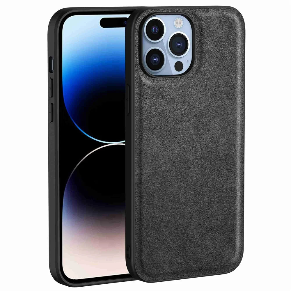 For iPhone 14 Pro Retro PU Leather Coated TPU+PC Phone Cover Impact Resistant Back Protective Case - Black - 1