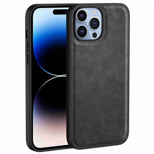For iPhone 14 Pro Retro PU Leather Coated TPU+PC Phone Cover Impact Resistant Back Protective Case - Black - 1
