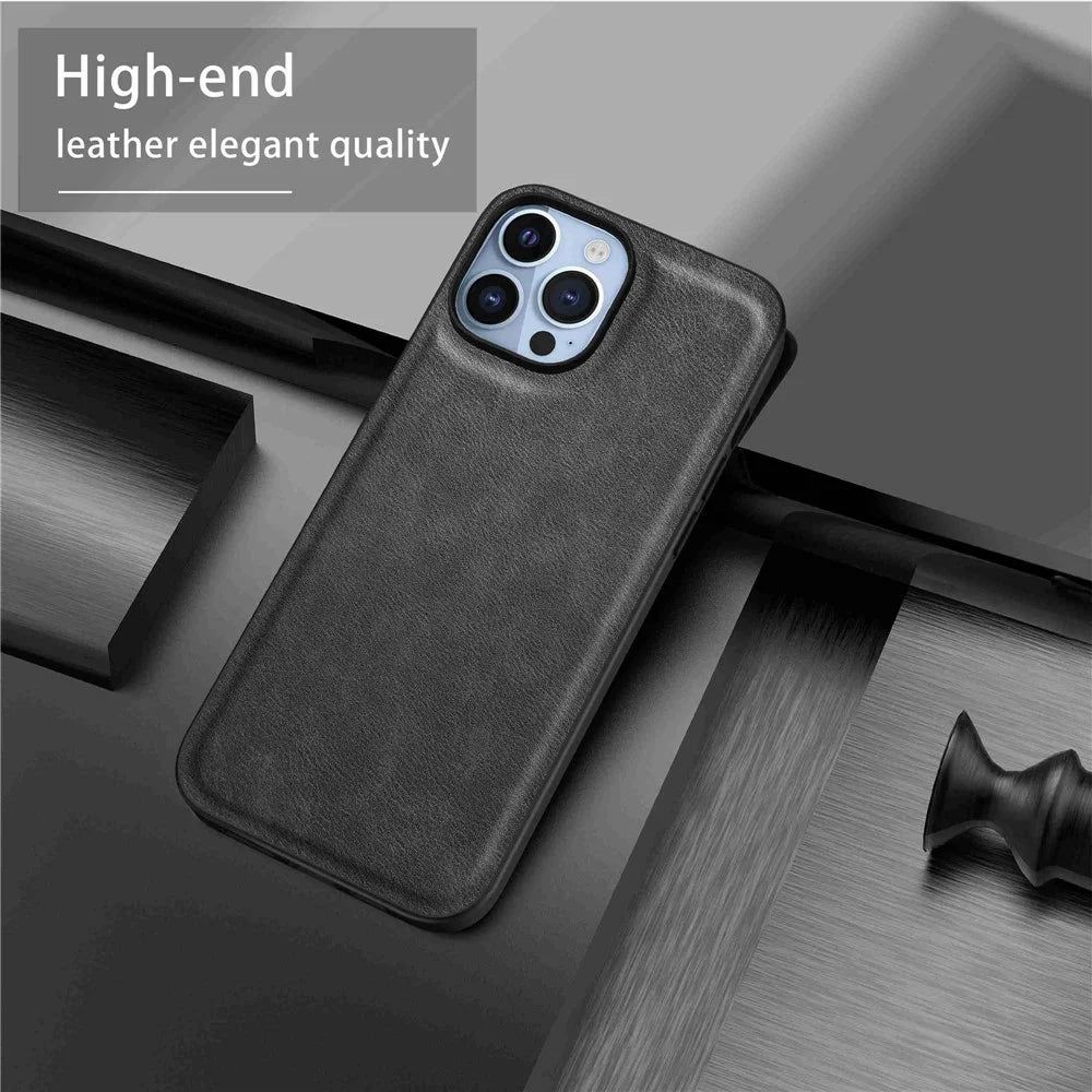 For iPhone 14 Pro Retro PU Leather Coated TPU+PC Phone Cover Impact Resistant Back Protective Case - Black - 7