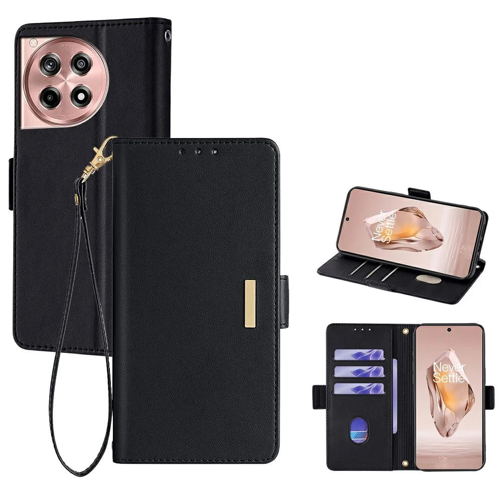For OnePlus Ace 3 5G  /  12R 5G Leather Wallet Case RFID Blocking Stand Cover with Hand Strap - Black - 1