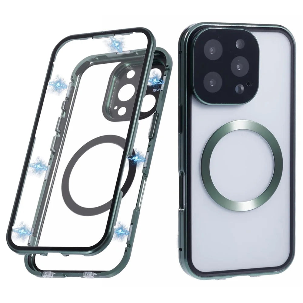 For iPhone 16 Pro Case Double Sides Tempered Glass Phone Cover Compatible with MagSafe Full Protector - Green - 1