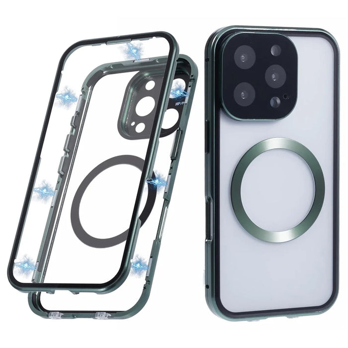 For iPhone 16 Pro Case Double Sides Tempered Glass Phone Cover Compatible with MagSafe Full Protector - Green - 1