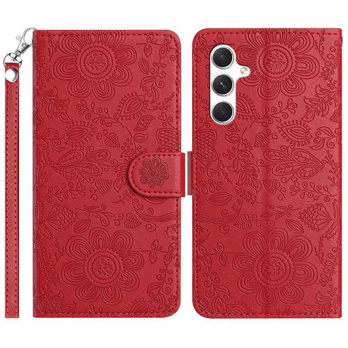 For Samsung Galaxy A16 5G / 4G Case Flower Imprint Leather Flip Wallet Phone Cover with Wrist Strap - Red - 1