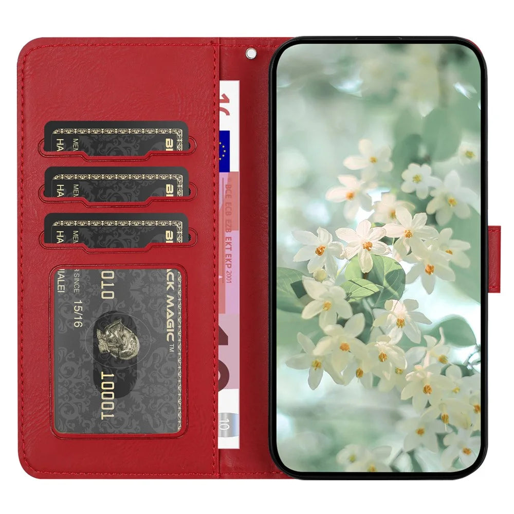 For Samsung Galaxy A16 5G / 4G Case Flower Imprint Leather Flip Wallet Phone Cover with Wrist Strap - Red - 2