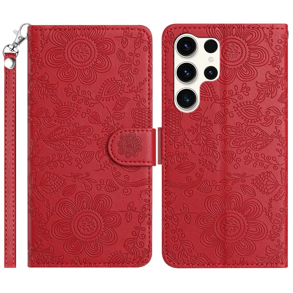 For Samsung Galaxy S25 Ultra Case Flower Imprint Leather Flip Wallet Phone Cover with Wrist Strap - Red - 1