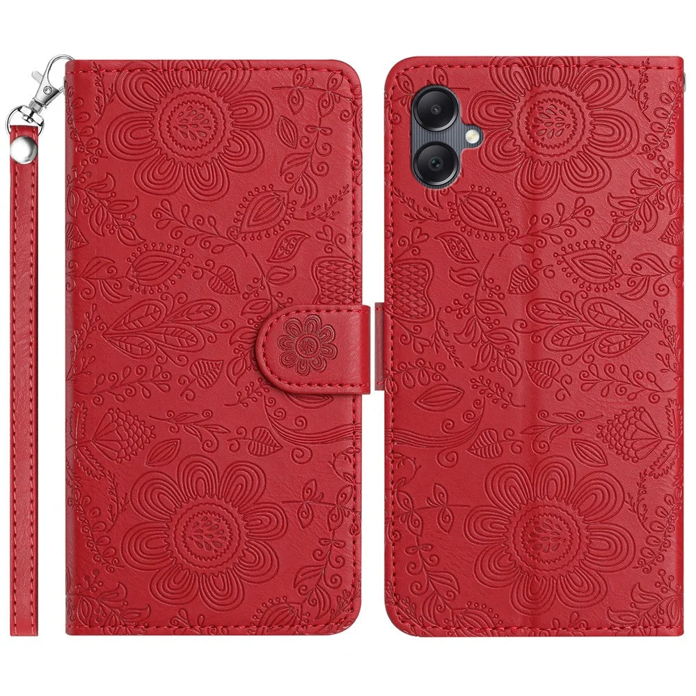 For Samsung Galaxy A06 4G Case Flower Imprint Leather Flip Wallet Phone Cover with Wrist Strap - Red - 1