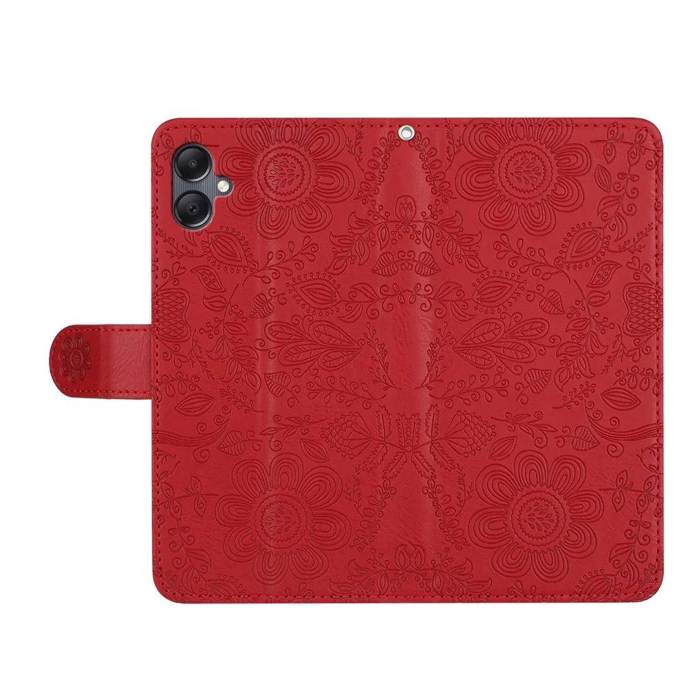 For Samsung Galaxy A06 4G Case Flower Imprint Leather Flip Wallet Phone Cover with Wrist Strap - Red - 4