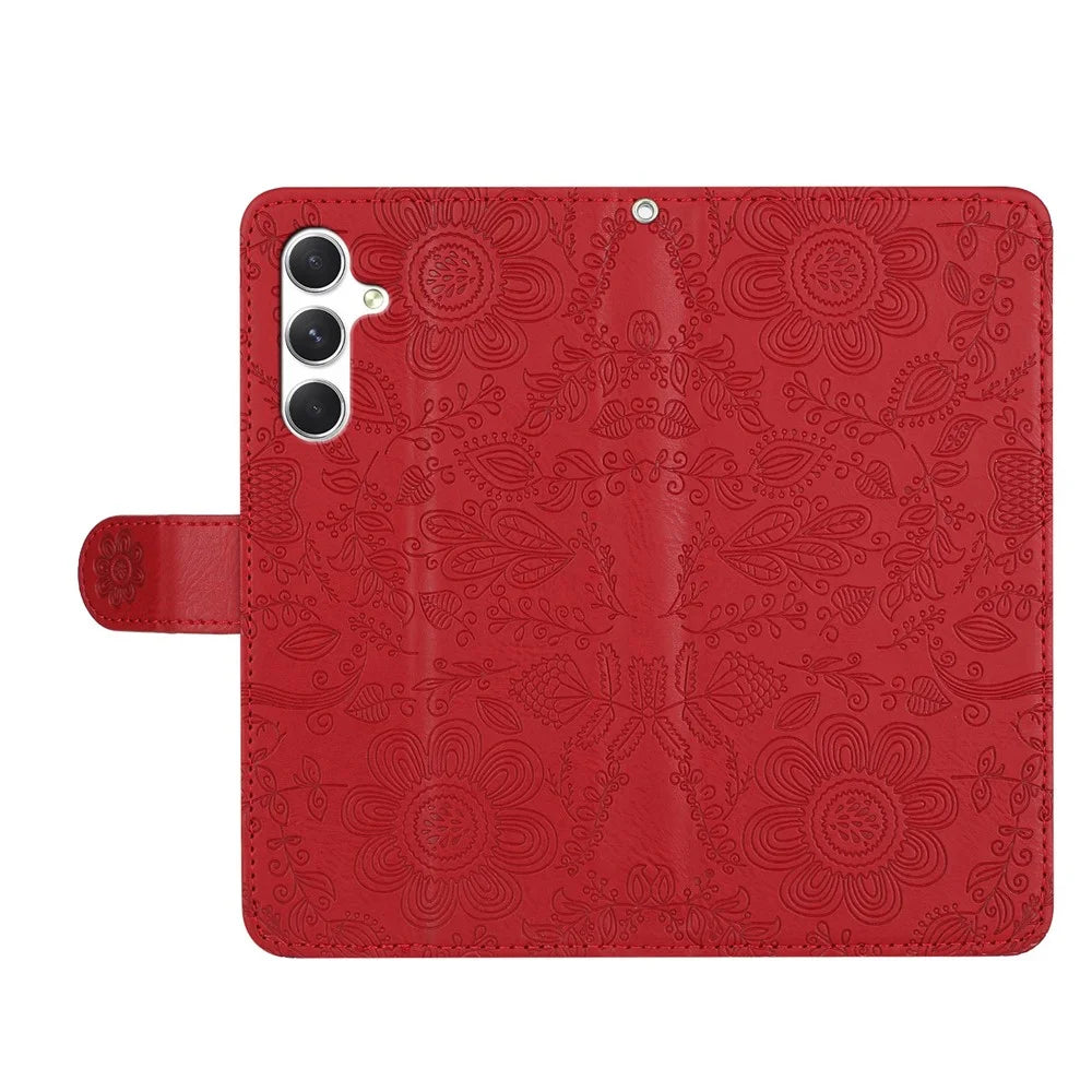 For Samsung Galaxy S25 Case Flower Imprint Leather Flip Wallet Phone Cover with Wrist Strap - Red - 4