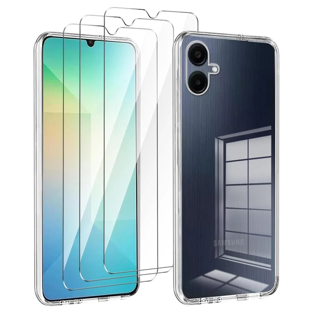 For Samsung Galaxy A06 4G Case TPU Clear Phone Cover + 3PCS Tempered Glass Screen Film 2.5D Arc Edge - 1