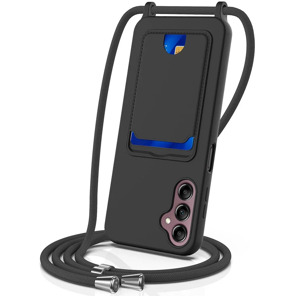 For Samsung Galaxy A16 5G / 4G Case Liquid Silicone Card Holder Phone Back Cover with Lanyard - Black - 1