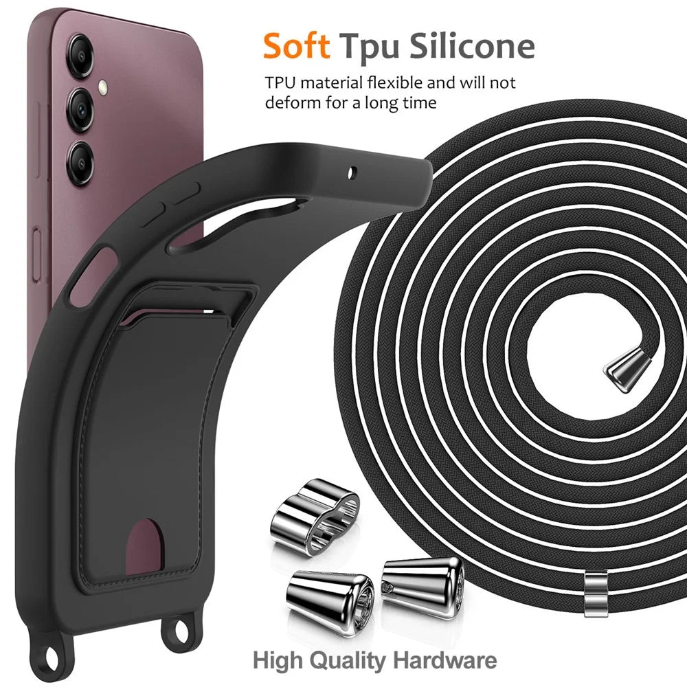 For Samsung Galaxy A16 5G / 4G Case Liquid Silicone Card Holder Phone Back Cover with Lanyard - Black - 2